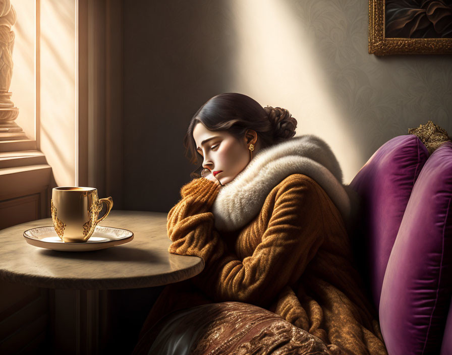 Luxurious fur coat woman sitting by window with mug in warm sunlight