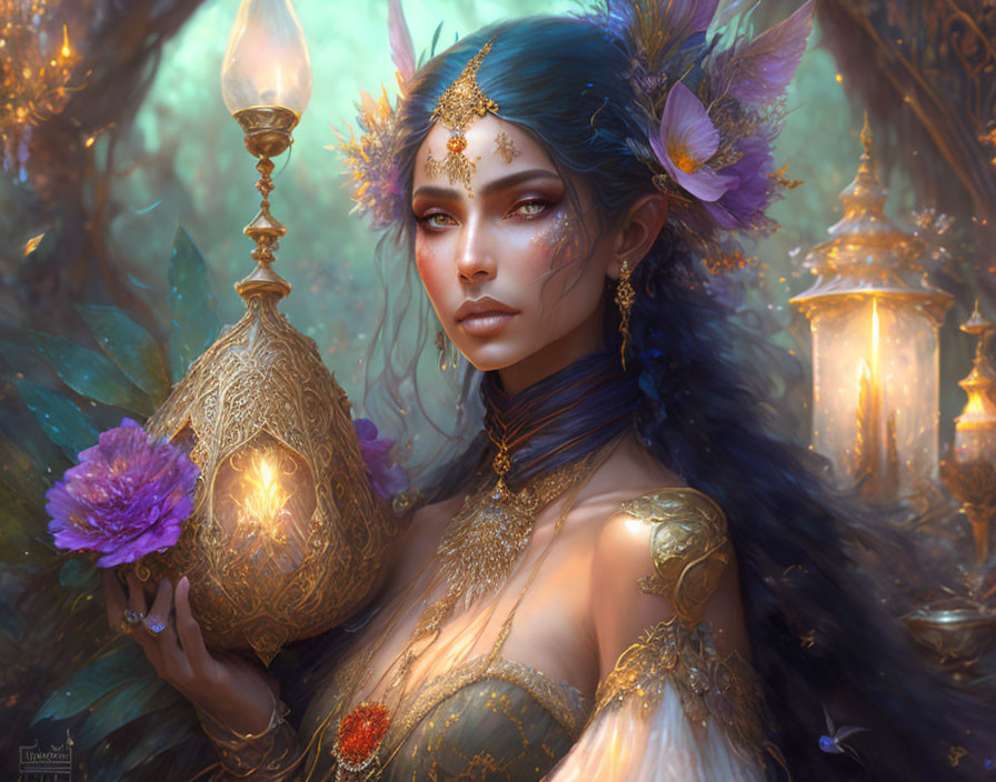 Ethereal woman with blue hair in magical forest with lantern