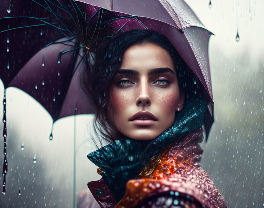 Woman with Striking Green Eyes Holding Two-Tone Umbrella in Rain