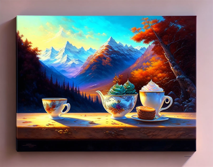 Whimsical landscape painting with mountains, autumn trees, teapot, cup, and desserts