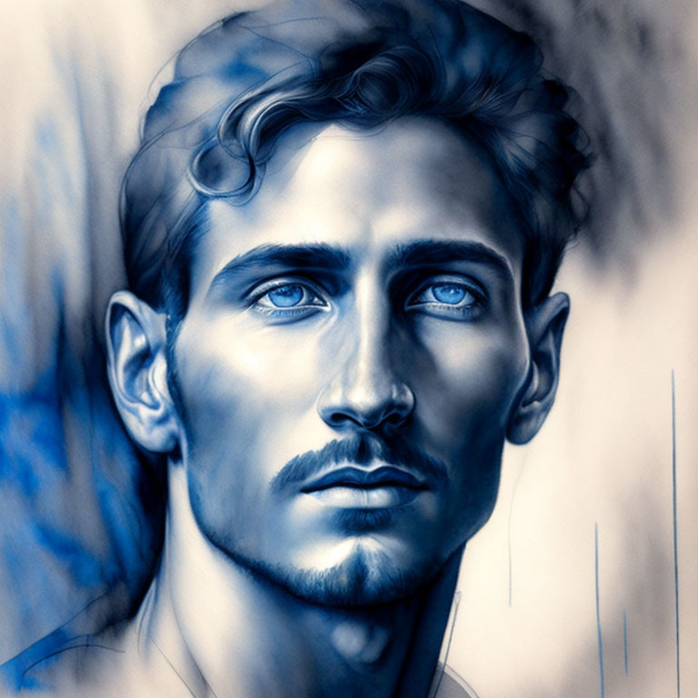 Blue-hued digital artwork of a man with sharp facial features and deep-set eyes