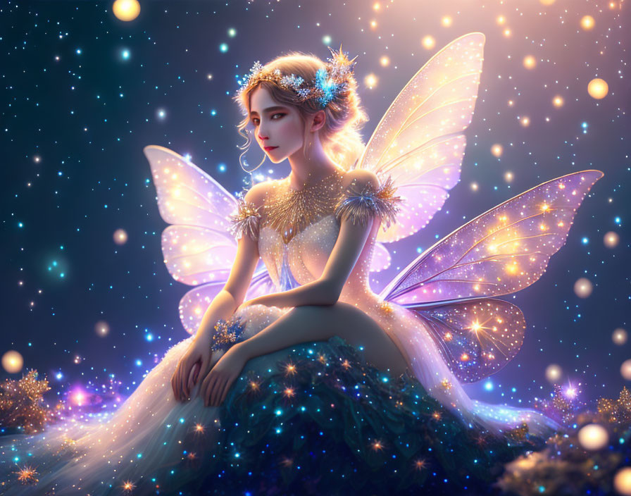 Digital artwork of fairy with translucent wings in magical starry setting wearing blue dress and floral crown