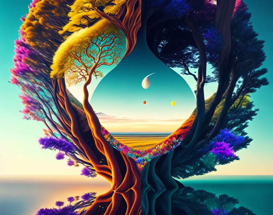 Stylized yin-yang trees under crescent moon and ocean