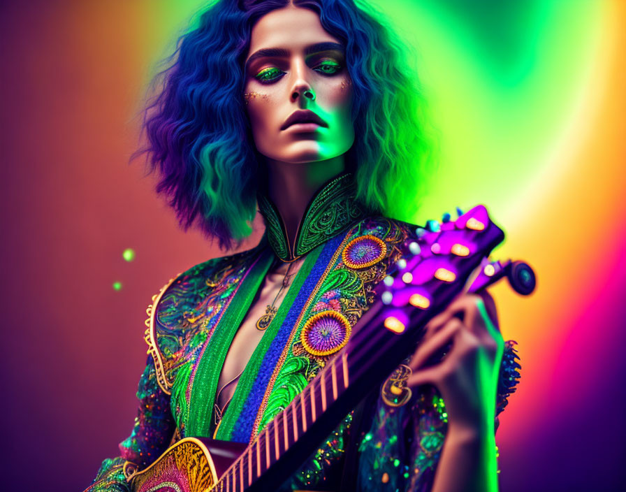 Colorful portrait of person with blue hair holding guitar in vibrant hues.