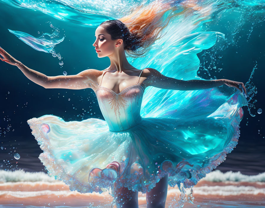 Graceful ballerina twirling in surreal aquatic backdrop