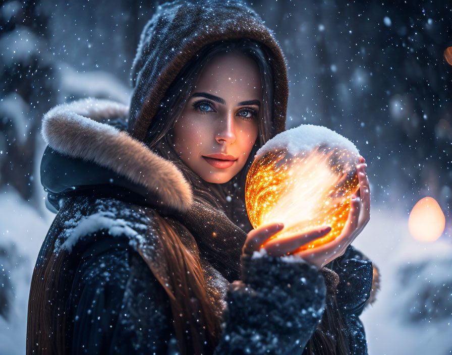 Woman in winter coat with fur hood holding glowing orb in snowy setting