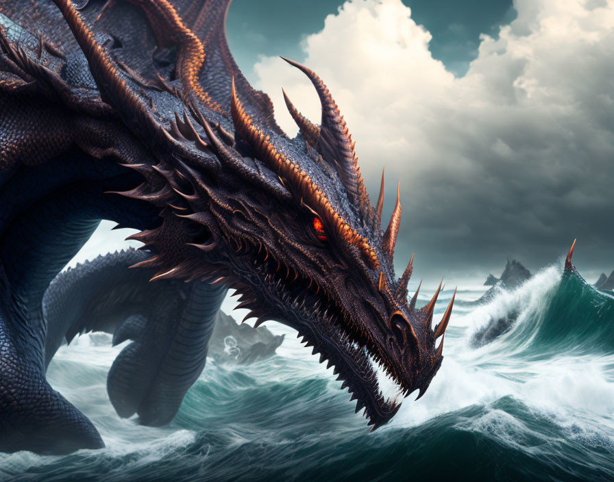 Majestic dragon with scales and horns in stormy ocean scene