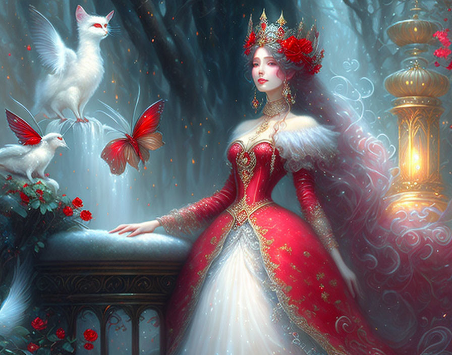 Regal woman in red and white gown surrounded by mystical animals and butterflies