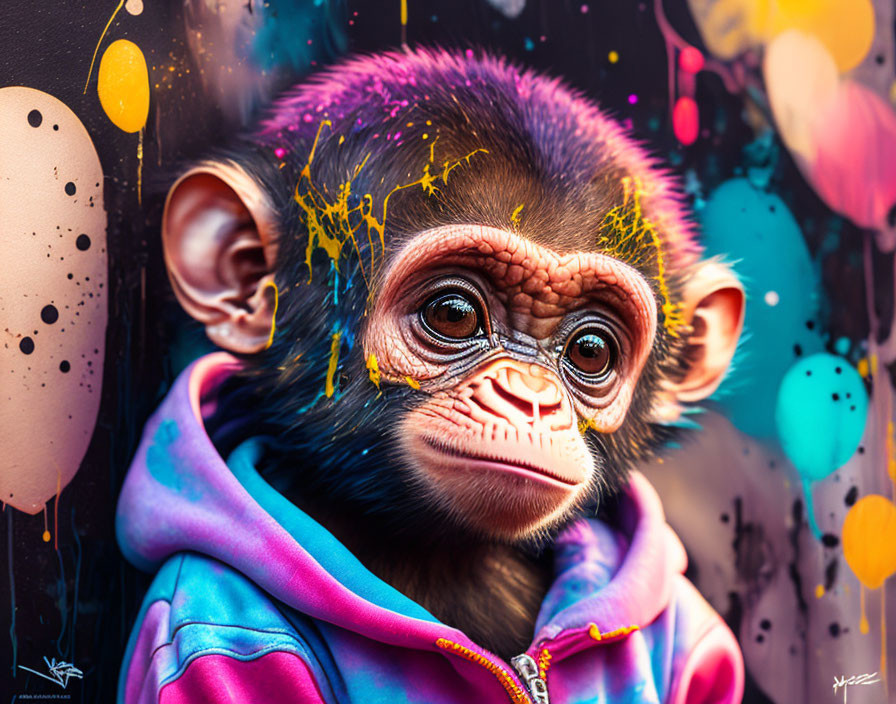 Vibrant digital artwork of baby monkey in pink hoodie