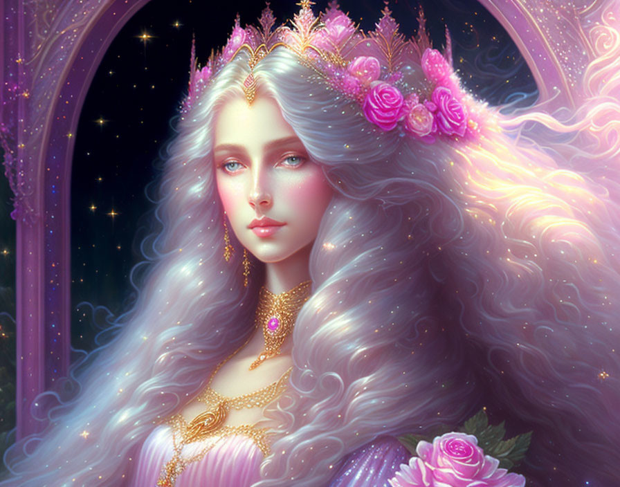 Ethereal figure with lavender hair and ornate jewelry