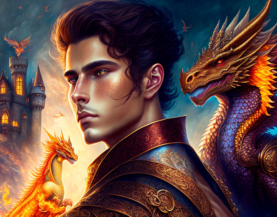 Fantasy digital artwork: Young man, two dragons, flaming castle