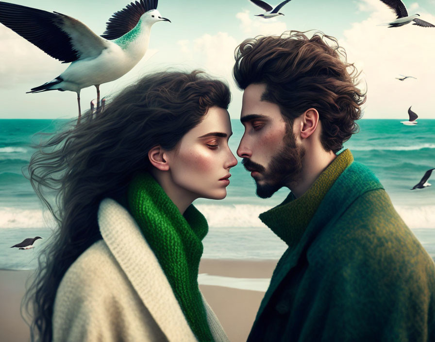 Romantic couple about to kiss on breezy beach with flying seagulls