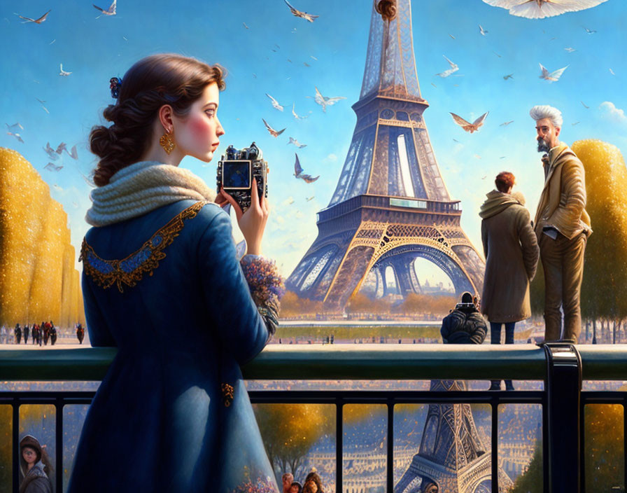 Woman with camera captures Eiffel Tower scene with passerby, birds, and trees