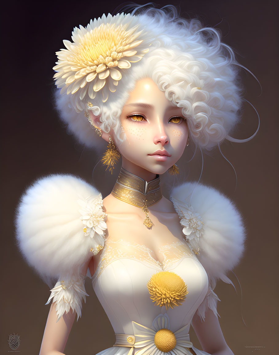 Fantasy woman portrait with pale skin, golden eyes, white hair & ornate jewelry