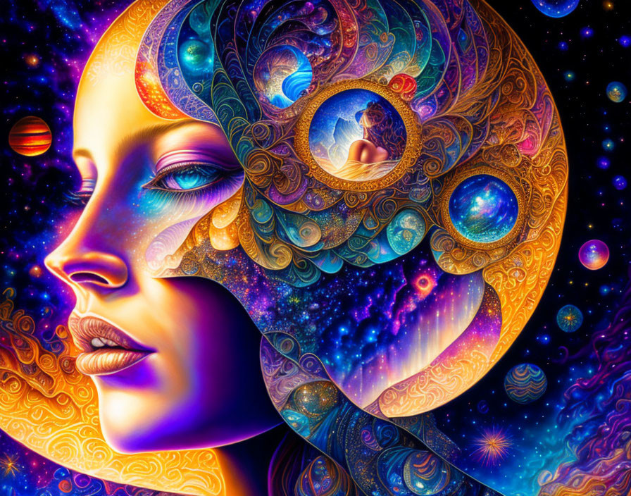 Colorful Psychedelic Portrait Blending Cosmic Elements