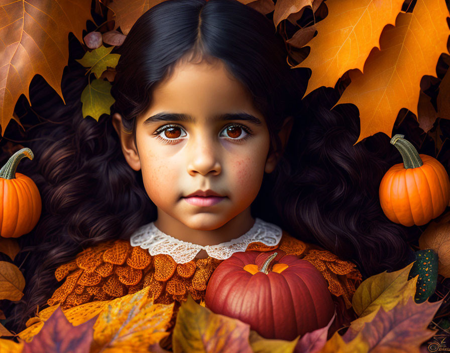 Dark-haired girl in autumn setting with pumpkins and leaves.