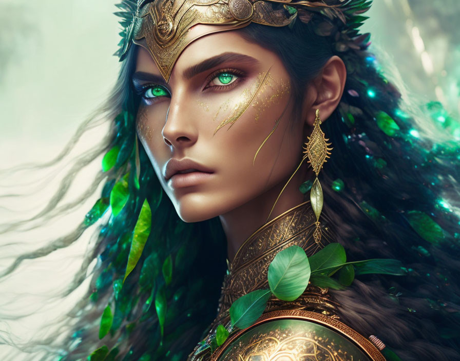 Mystical female figure with green eyes and golden headgear in peacock-inspired attire.