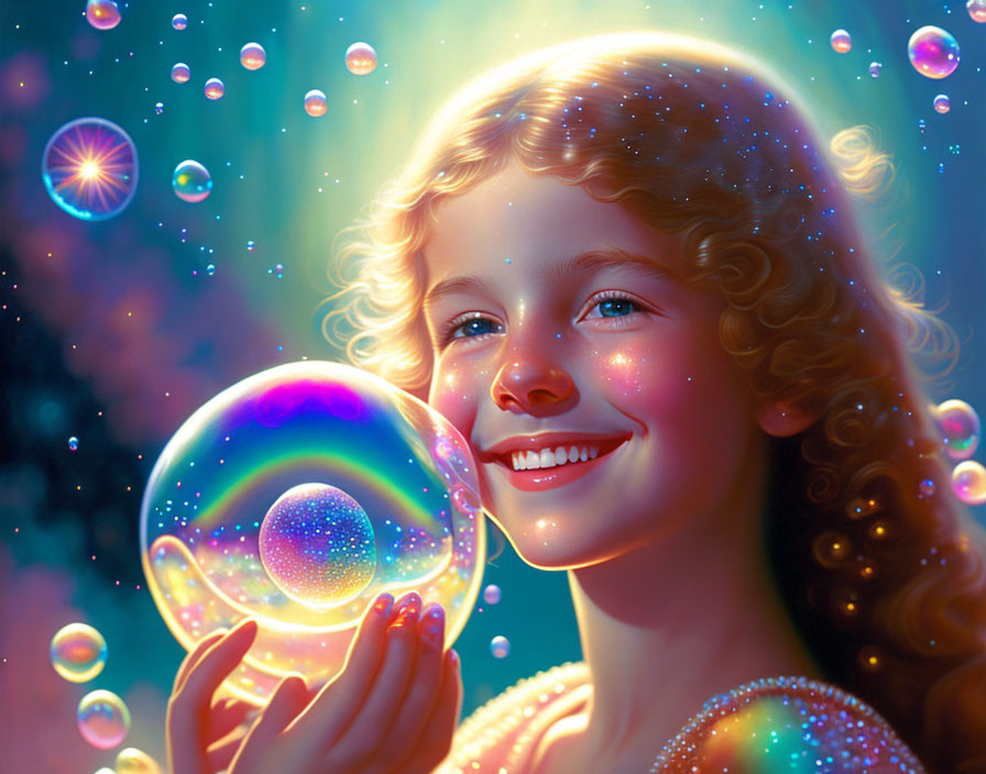 Curly-Haired Girl Holding Glowing Orb in Blue Background