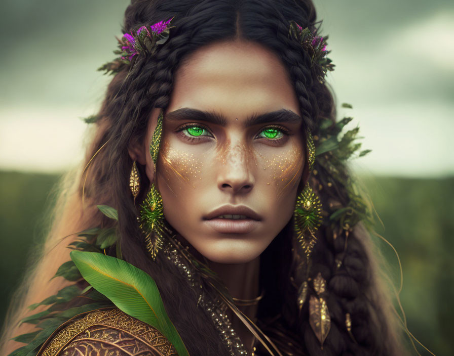 Green-eyed woman with nature-inspired makeup and floral hair adornments