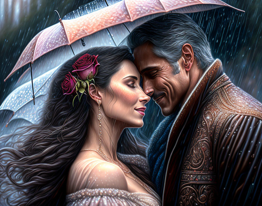 Romantic couple under umbrella with rose in hair in rain