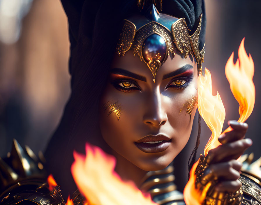 Elaborate golden headgear and dark makeup with gold accents in dimly lit setting