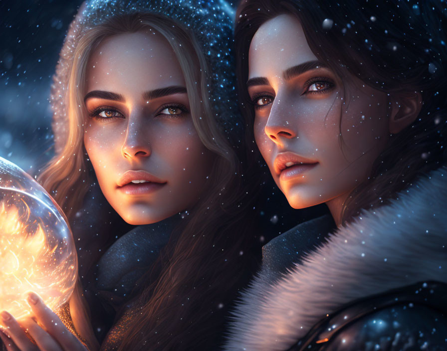 Two women with striking features holding a luminescent orb amidst falling snowflakes.