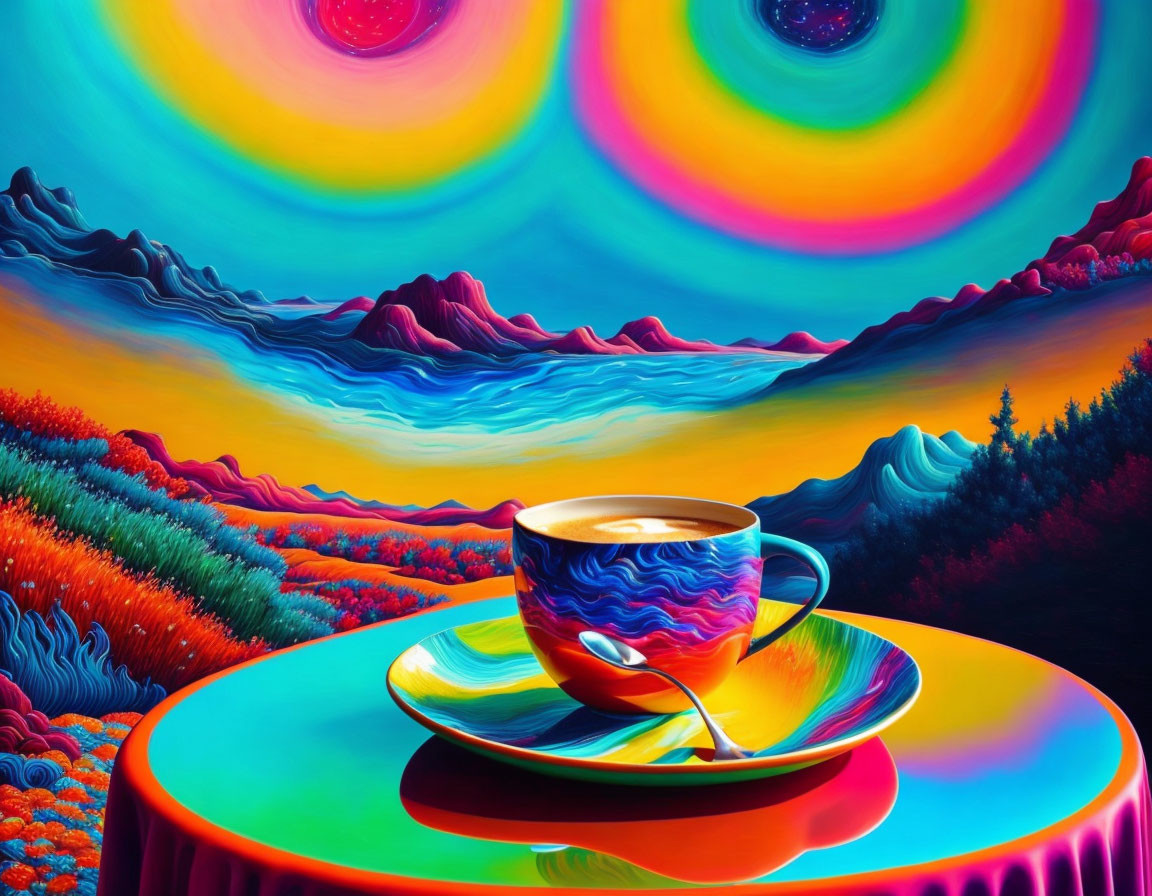 Colorful Psychedelic Landscape with Mountains and Coffee Cup on Table