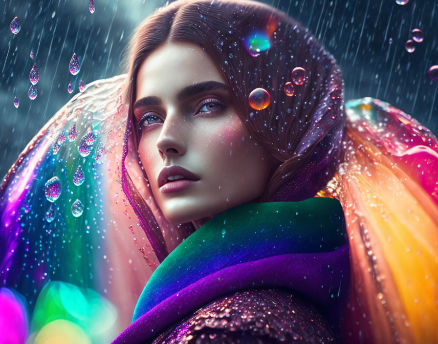 Colorful Raindrop-Covered Cloak on Woman in Rain