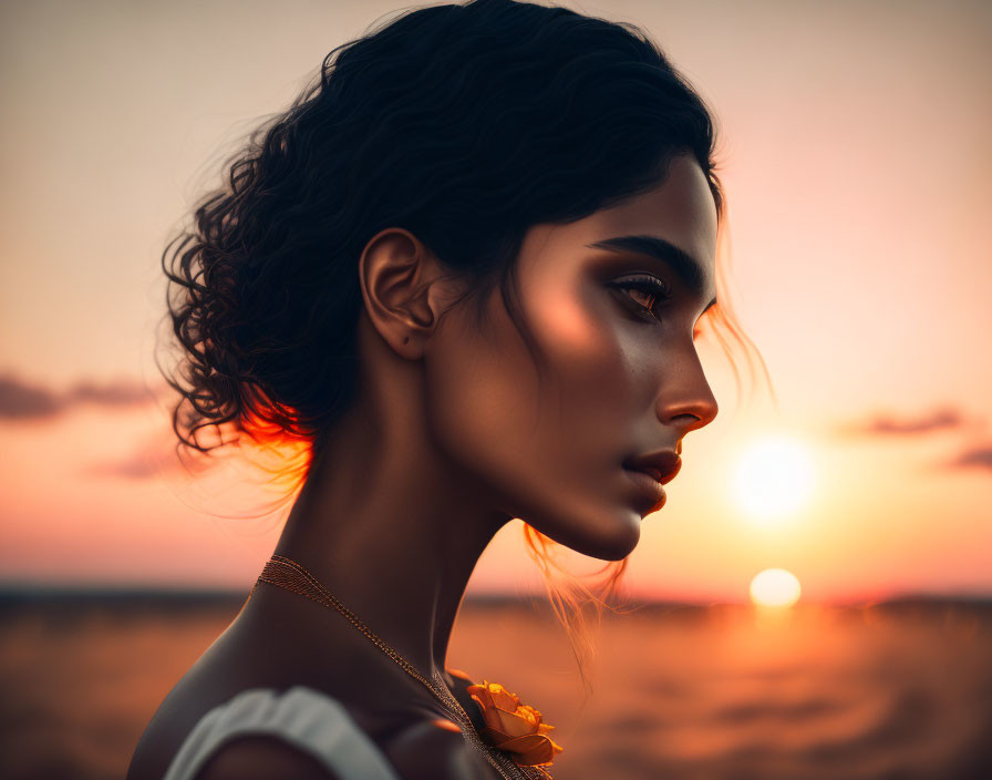 Silhouette of Woman with Curly Hair at Sunset