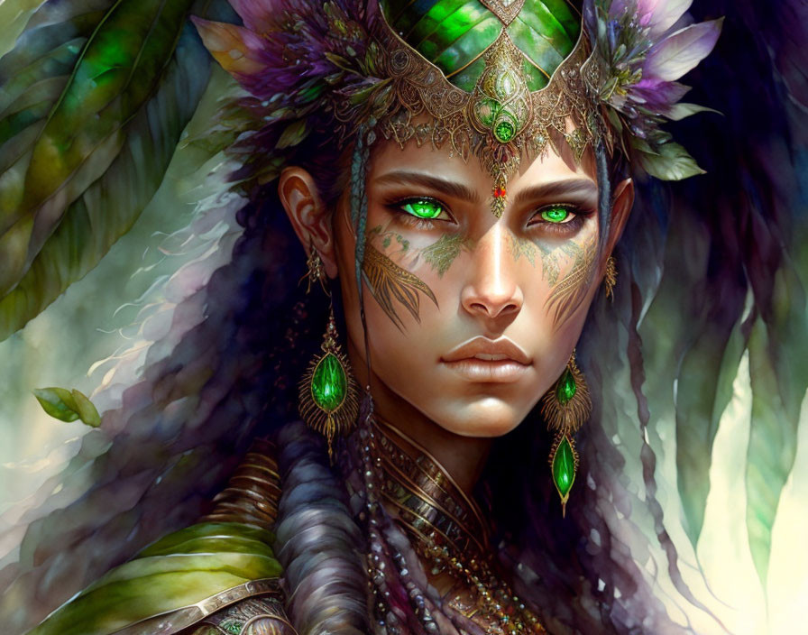 Regal woman illustration with green eyes and intricate headdress