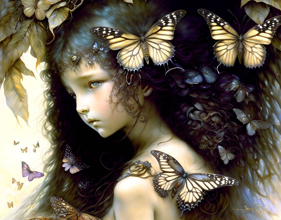 Fantasy Artwork: Girl with Butterflies, Autumn Leaves, Innocence & Mystique