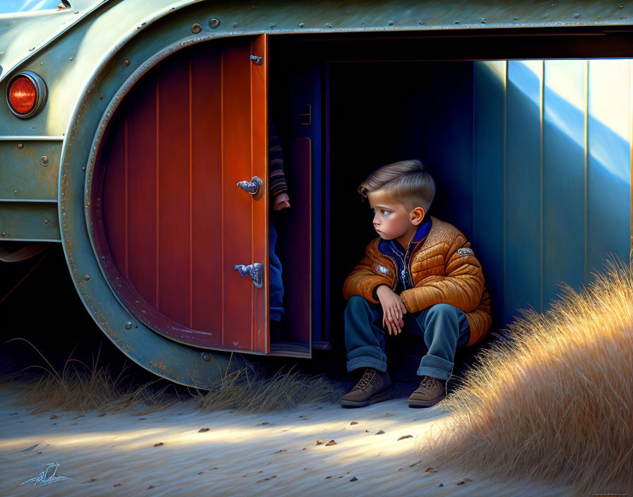 Young boy in old vehicle door, bathed in sunlight, with rustic backdrop.