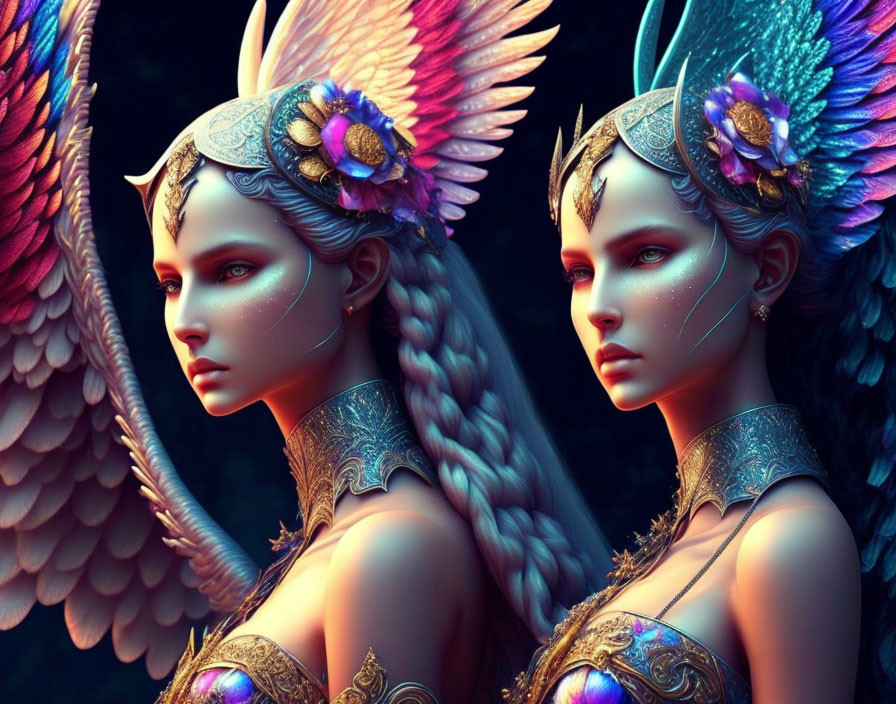 Ethereal beings with angelic wings and ornate armor in mystical setting