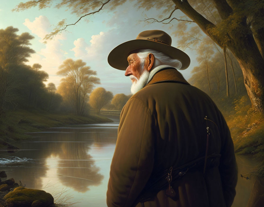 Elderly man in hat and coat gazes at tranquil twilight river landscape