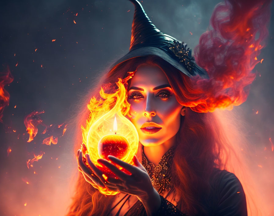 Mystical witch with fiery aura and burning orb in dramatic scene