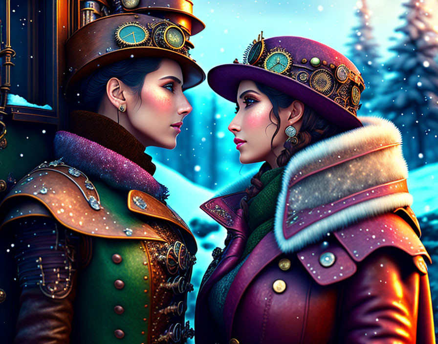 Steampunk-themed individuals in snowy setting with detailed attire