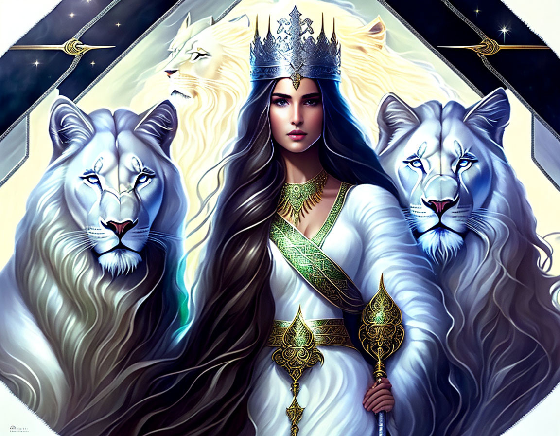 Regal woman with crown, white lions, golden scepter on starry backdrop