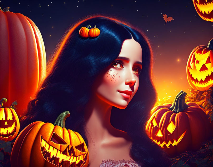 Digital Artwork: Woman with Dark Hair Among Glowing Jack-o'-lanterns