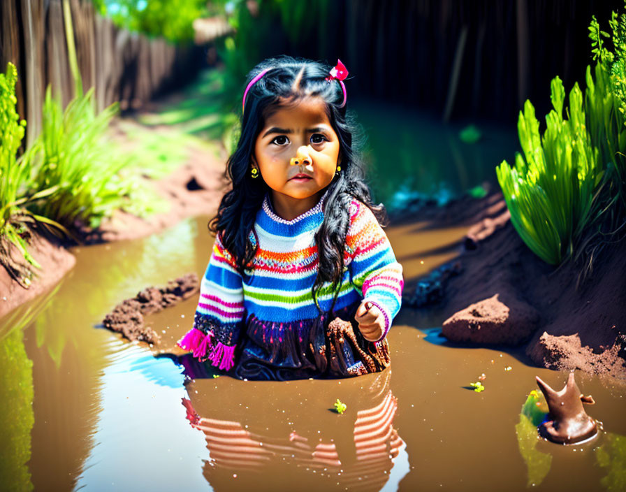 Colorful Sweater Girl Kneeling in Muddy Puddle Among Greenery