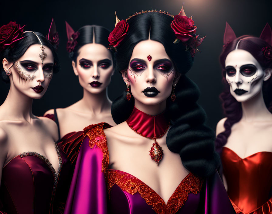 Three women in skull makeup and elegant dresses with roses, posing dramatically on a dark background