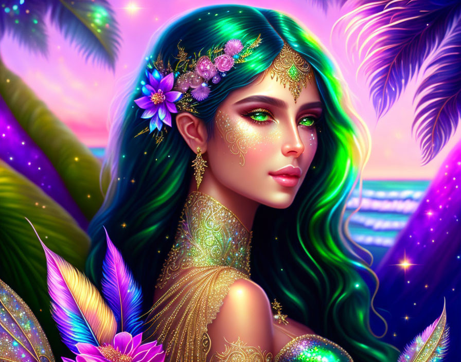 Digital artwork: Woman with green hair, floral adornments, gold jewelry, set in tropical scene with