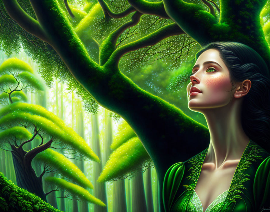 Mystical woman in green attire blending with enchanted forest