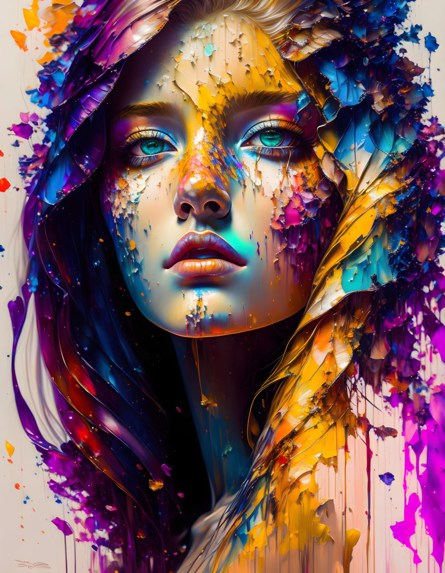 Colorful digital artwork: Woman with paint splashes, blue eyes