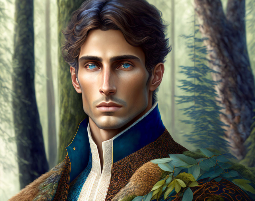 Handsome man with blue eyes in noble attire against forest backdrop