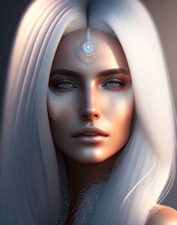 Portrait of woman with blue eyes, white hair, and decorative forehead symbol