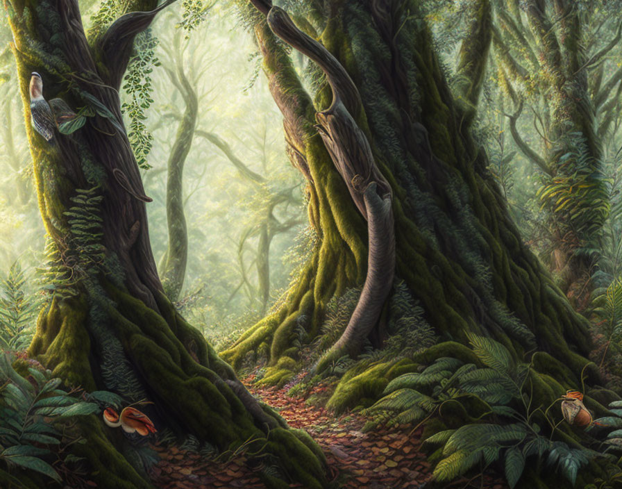 Mystical forest with moss-covered trees and sunlit path