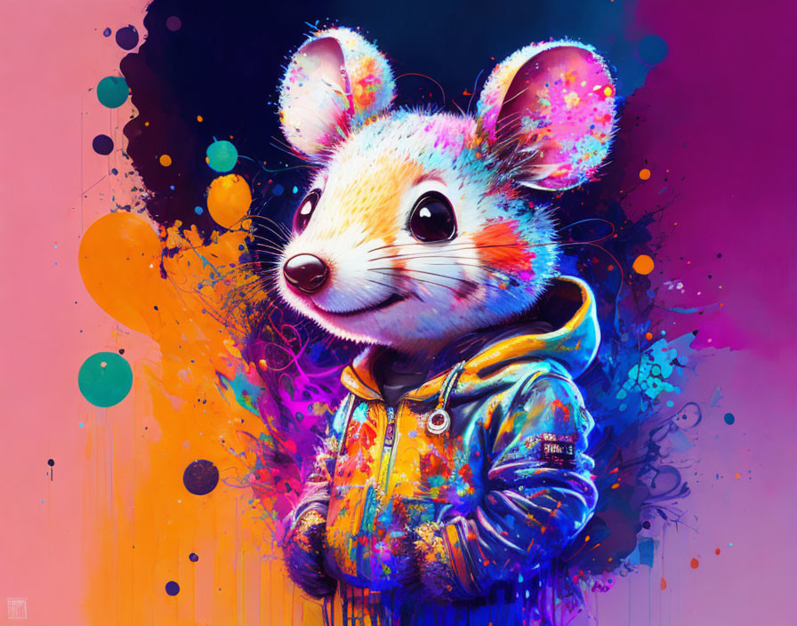 Vibrant anthropomorphic mouse in hoodie surrounded by colorful paint splashes