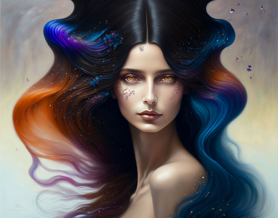 Cosmic-themed digital painting of a woman with flowing galaxy-colored hair.