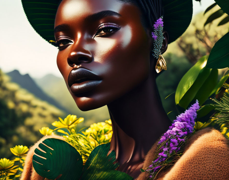 Portrait of Woman with Dark Skin Surrounded by Green Foliage and Yellow Flowers