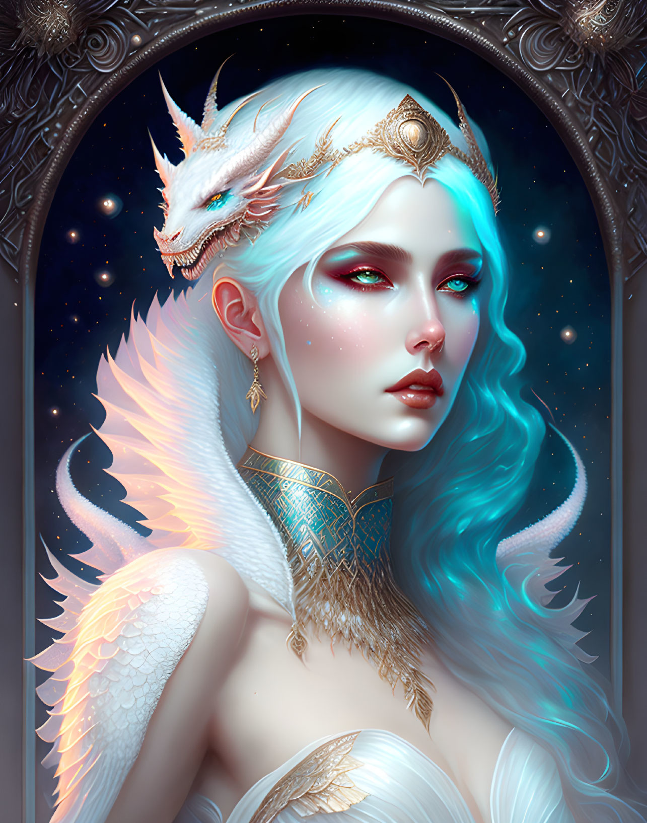 Fantastical portrait of woman with teal hair and white dragon in gothic setting